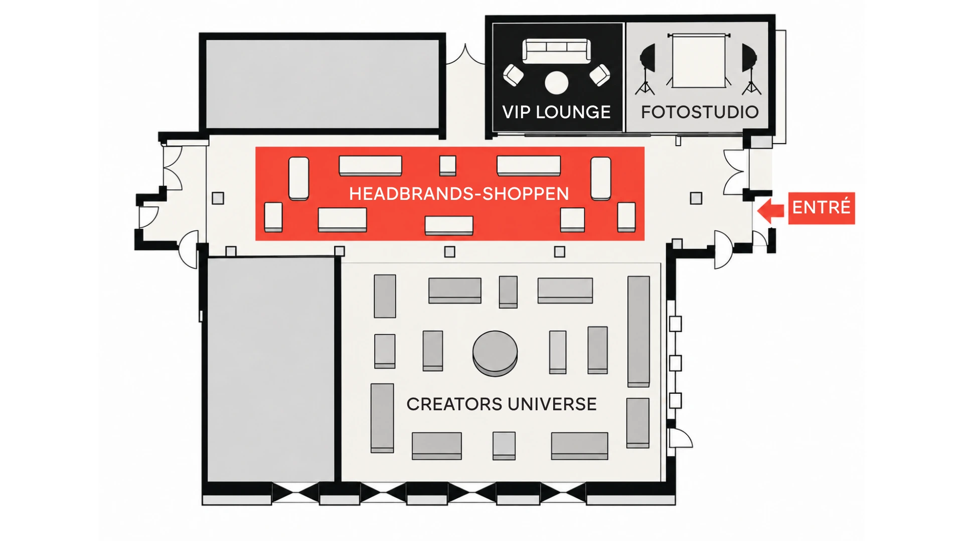 Planritning över Headbrands monter med entré, VIP Lounge, fotostudio, Headbrands-shoppen och CREATORS UNIVERSE